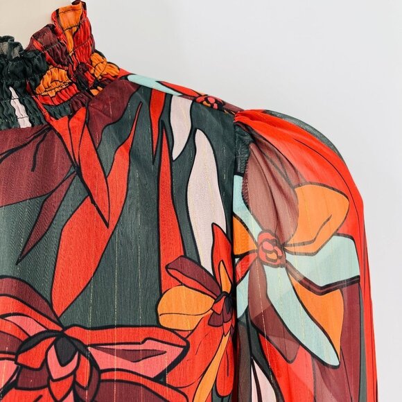 Forest Lily Mini Dress Size XS High Neck, Elastic Waist Fall Print Metallic - Picture 4 of 16